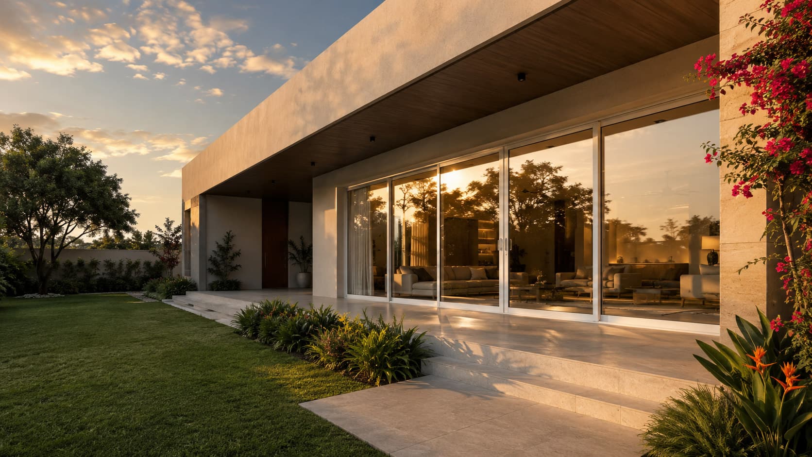 A modern villa at sunset with floor-to-ceiling Vantage sliding glass doors